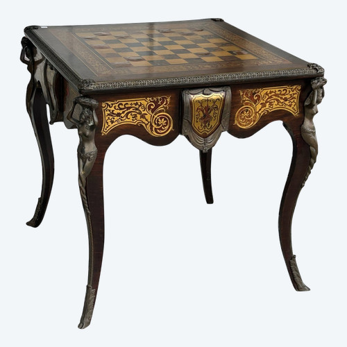 Table à Jeux De Style Louis XV Napoléon III Marqueterie Boulle D’époque XXème Siècle 