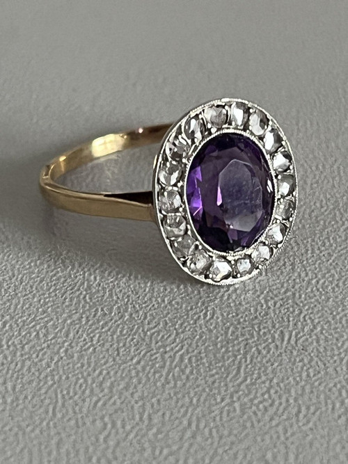5223- Anello con diamante e ametista in oro antico