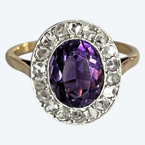 5223- Anello con diamante e ametista in oro antico