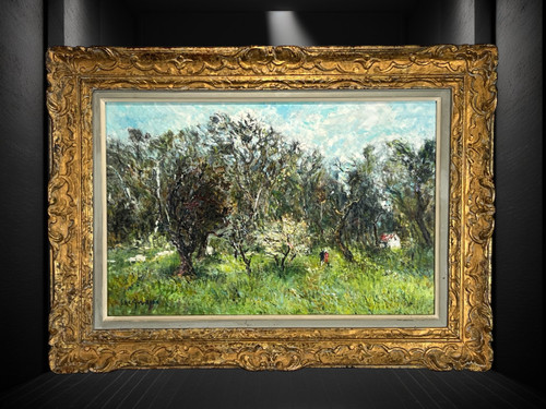 GEMÄLDE / ÖL AUF KARTON / „ANIMIERTE WANDERLANDSCHAFT UNTERZEICHNET SHC GOURJON 1912