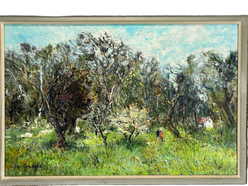 GEMÄLDE / ÖL AUF KARTON / „ANIMIERTE WANDERLANDSCHAFT UNTERZEICHNET SHC GOURJON 1912