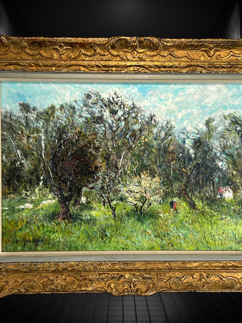 GEMÄLDE / ÖL AUF KARTON / „ANIMIERTE WANDERLANDSCHAFT UNTERZEICHNET SHC GOURJON 1912