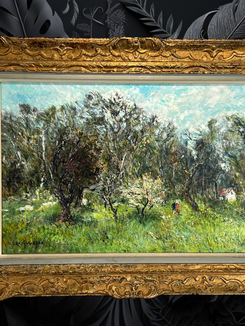 GEMÄLDE / ÖL AUF KARTON / „ANIMIERTE WANDERLANDSCHAFT UNTERZEICHNET SHC GOURJON 1912