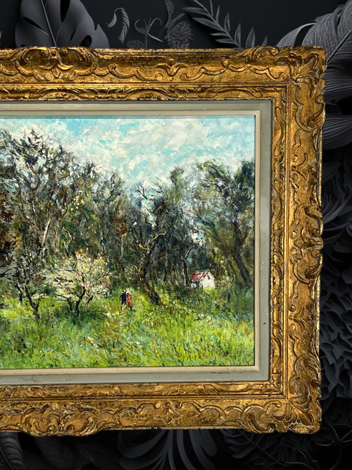 GEMÄLDE / ÖL AUF KARTON / „ANIMIERTE WANDERLANDSCHAFT UNTERZEICHNET SHC GOURJON 1912