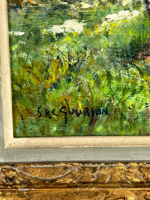 GEMÄLDE / ÖL AUF KARTON / „ANIMIERTE WANDERLANDSCHAFT UNTERZEICHNET SHC GOURJON 1912
