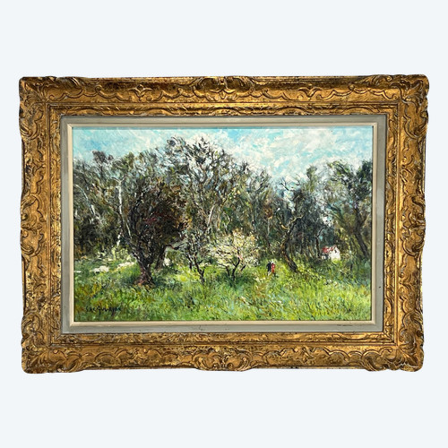 GEMÄLDE / ÖL AUF KARTON / „ANIMIERTE WANDERLANDSCHAFT UNTERZEICHNET SHC GOURJON 1912
