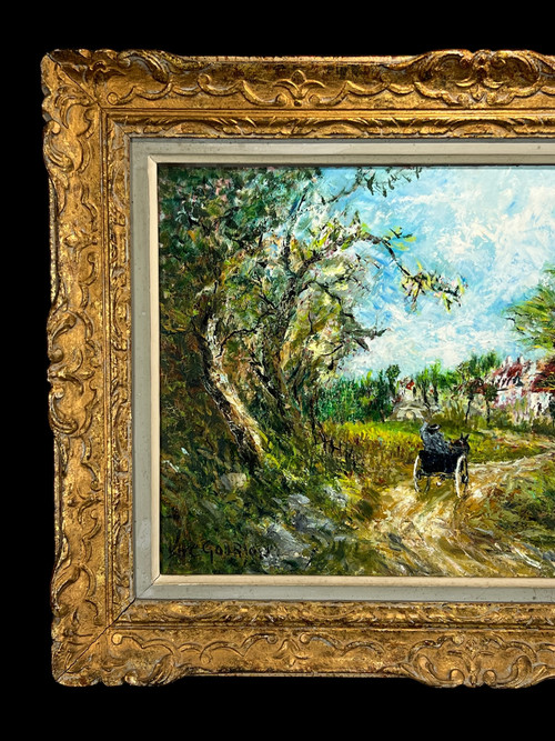 PAINTING / OIL ON CARDBOARD / "ANIMATED COUNTRY SCENE" SIGNED SHC GOURJON 1912