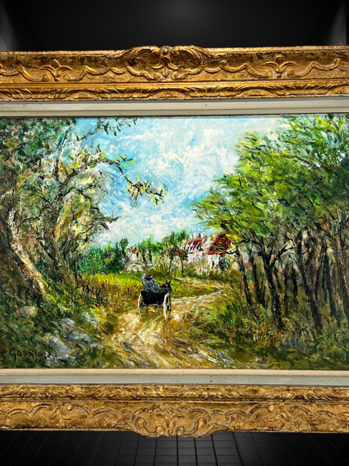 PAINTING / OIL ON CARDBOARD / "ANIMATED COUNTRY SCENE" SIGNED SHC GOURJON 1912