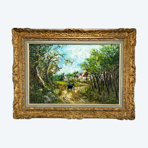 PAINTING / OIL ON CARDBOARD / "ANIMATED COUNTRY SCENE" SIGNED SHC GOURJON 1912