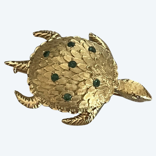 4420- Broche Tortue Or Jaune Emeraude Diamants