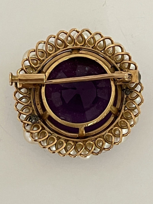 5253 – Amethyst-Perlenbrosche aus Gelbgold aus den 1960er Jahren
