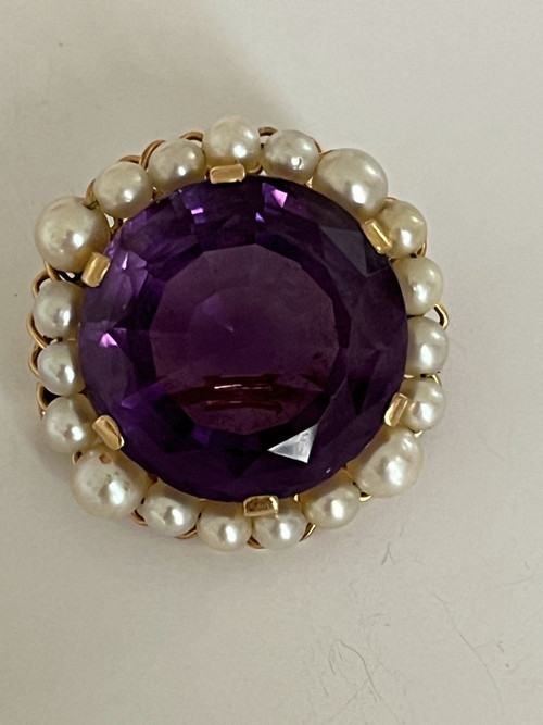 5253 – Amethyst-Perlenbrosche aus Gelbgold aus den 1960er Jahren