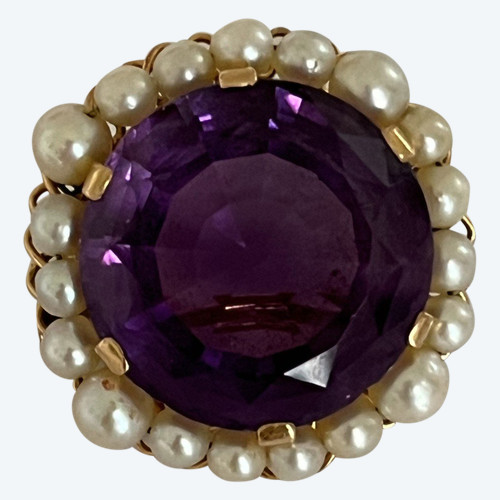 5253 – Amethyst-Perlenbrosche aus Gelbgold aus den 1960er Jahren