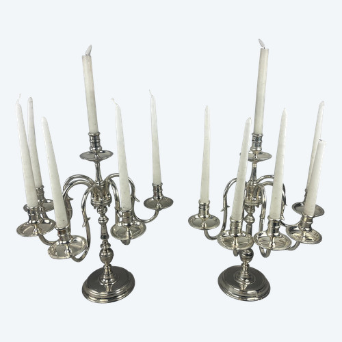Pair of silver metal candelabra, five articulated branches, six lights