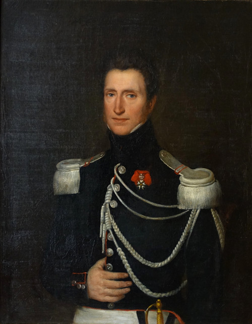 Großes Porträt eines Hauptmanns eines Kürassieroffiziers des Kaiserreichs, Öl auf Leinwand um 1820