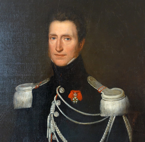 Großes Porträt eines Hauptmanns eines Kürassieroffiziers des Kaiserreichs, Öl auf Leinwand um 1820