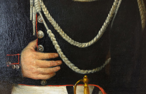 Großes Porträt eines Hauptmanns eines Kürassieroffiziers des Kaiserreichs, Öl auf Leinwand um 1820