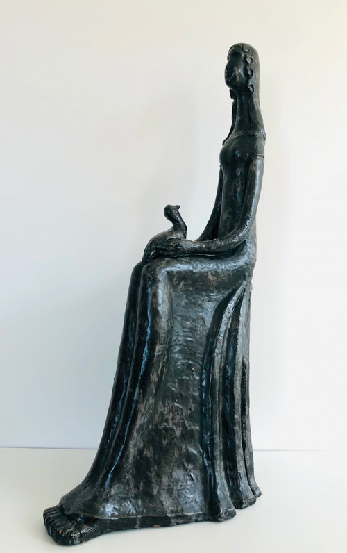 Scultura "Donna con uccello" in ceramica smaltata nera di Paulette Toma, Francia anni '60