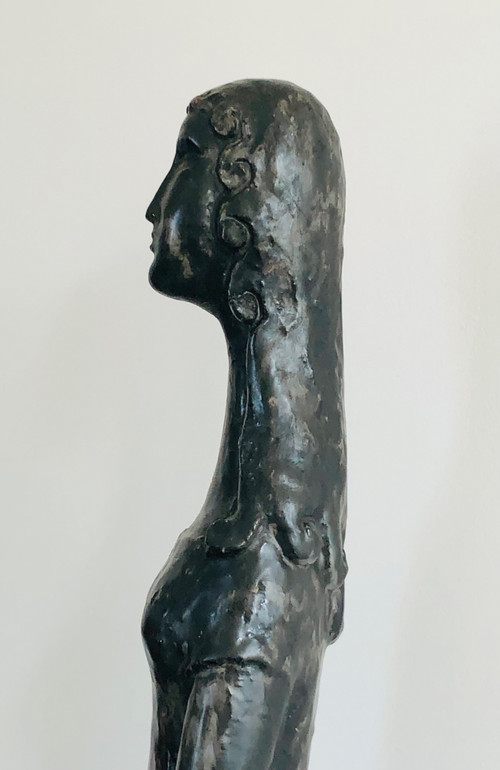 Scultura "Donna con uccello" in ceramica smaltata nera di Paulette Toma, Francia anni '60
