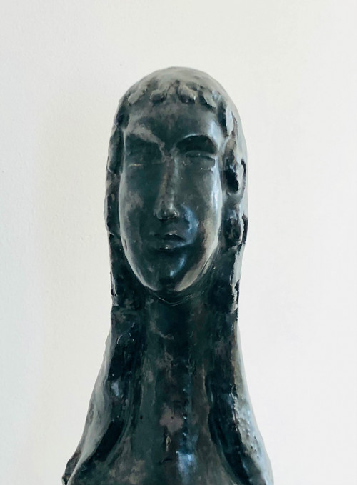 Scultura "Donna con uccello" in ceramica smaltata nera di Paulette Toma, Francia anni '60
