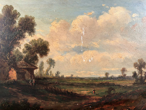 Godchaux. Olio su tavola, paesaggio animato. 19esimo secolo