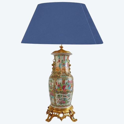 Large gilded bronze vase in Canton porcelain, lamp base - 75cm