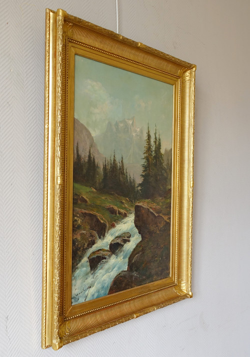 Emile Godchaux: large mountain painting - oil on canvas - 82.5cm x 113.5cm