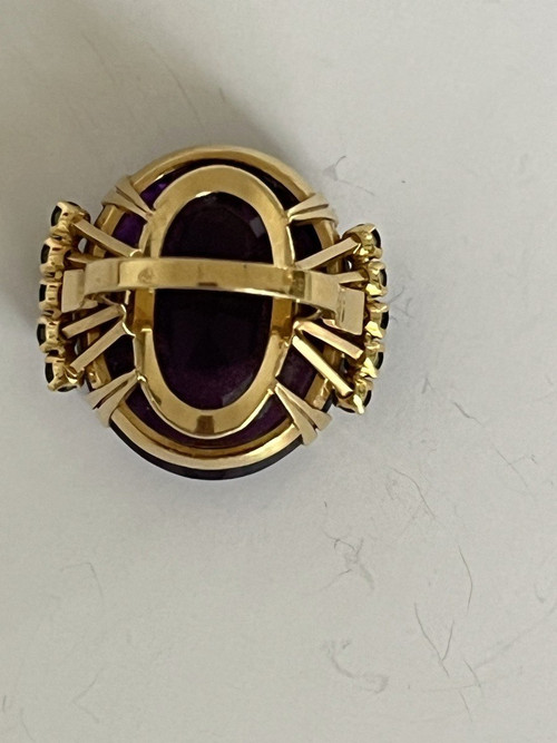 5268- Bague Cocktail Or Jaune Améthyste 35 Ct Péridots