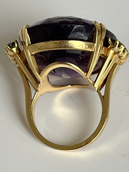 5268- Bague Cocktail Or Jaune Améthyste 35 Ct Péridots