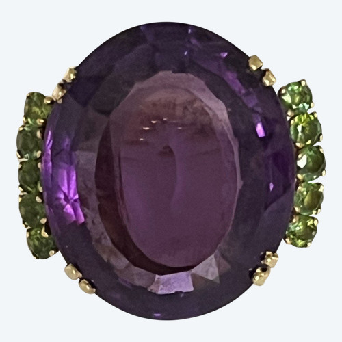 5268- Bague Cocktail Or Jaune Améthyste 35 Ct Péridots