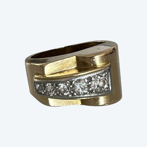 5322- Bague Tank Or Jaune Et Gris Diamants