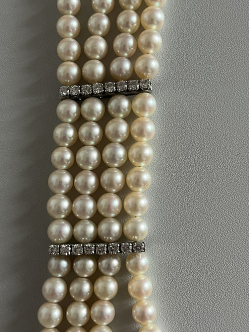 5329- Bracciale 4 fili di perle con barre di diamanti