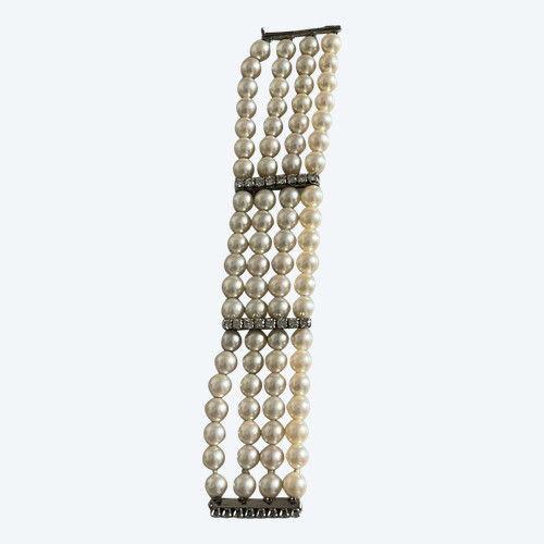 5329- Bracciale 4 fili di perle con barre di diamanti