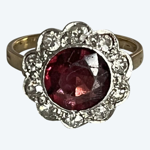 5331- Anello fiore antico in oro giallo e granato grigio con diamanti