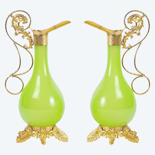 A pair of opaline ewers with gilt bronze ornamentation, Napoleon III