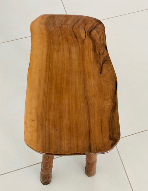 Brutalist stool in olive wood, France 1970s