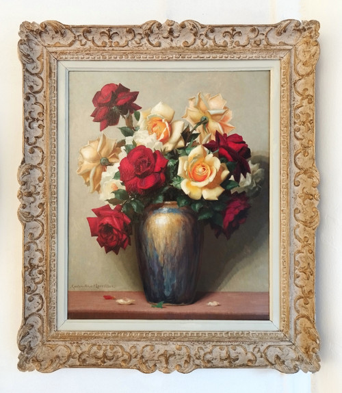 Malerei Öl auf Leinwand Stillleben Rosen von Gaston Albert - Lavrillier