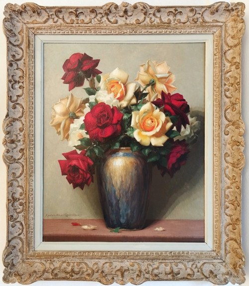 Malerei Öl auf Leinwand Stillleben Rosen von Gaston Albert - Lavrillier