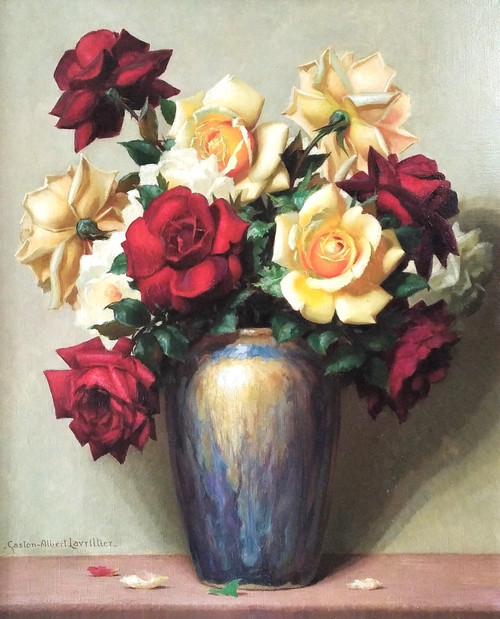 Malerei Öl auf Leinwand Stillleben Rosen von Gaston Albert - Lavrillier