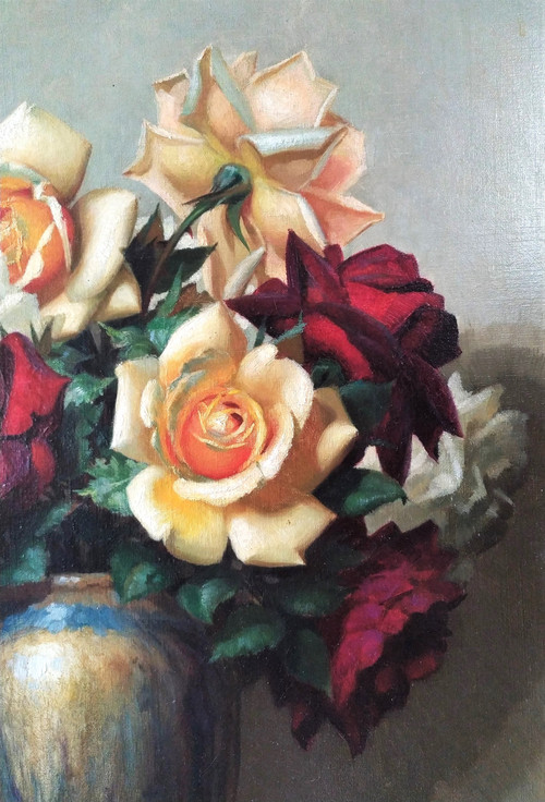 Malerei Öl auf Leinwand Stillleben Rosen von Gaston Albert - Lavrillier