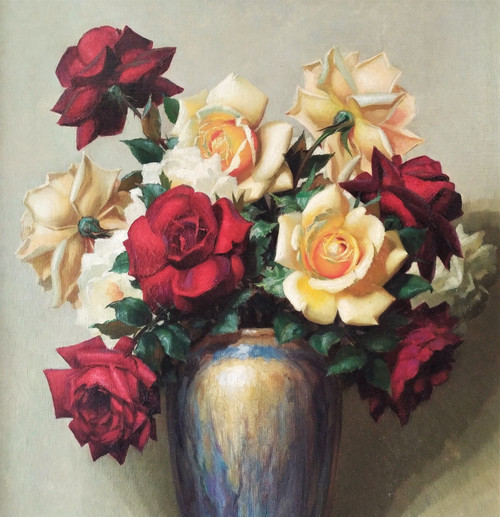 Malerei Öl auf Leinwand Stillleben Rosen von Gaston Albert - Lavrillier