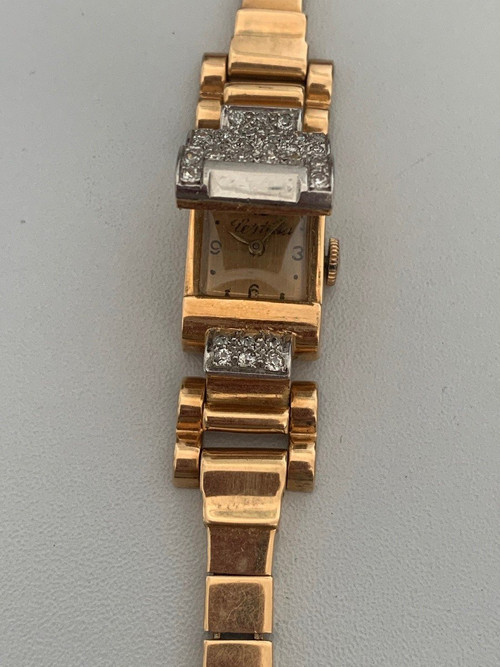 1767- Montre Dame Certina Or Jaune Platine Diamants