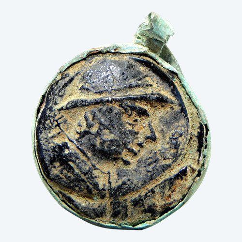 Baktrianische Zivilisation, 171-145 v. Chr., Seltenes Glasmedaillon Profil König Eukratides Megas.