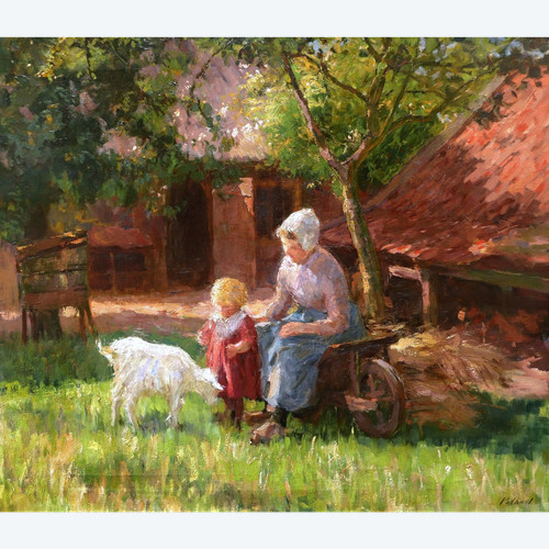 Bernard Jean Corneille POTHAST, Bäuerin und ihre Tochter in einem sonnigen Bauernhof