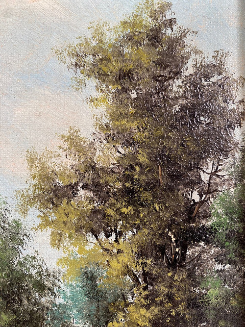 Alain Bonnaud (20th), small oil on canvas. "Woman on a forest path".