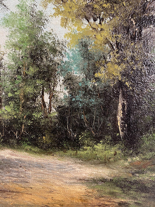 Alain Bonnaud (20th), small oil on canvas. "Woman on a forest path".