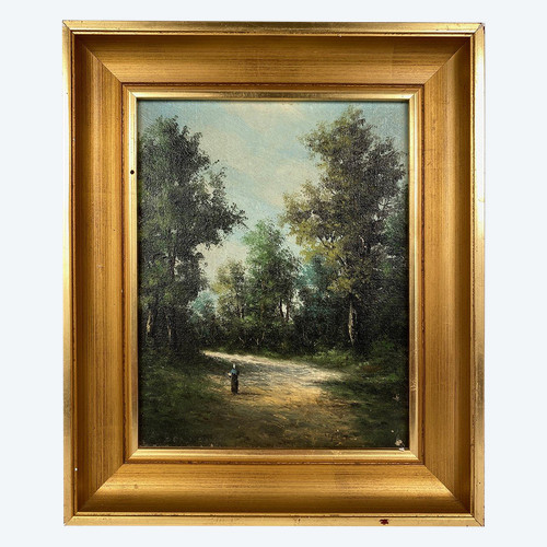Alain Bonnaud (20th), small oil on canvas. "Woman on a forest path".
