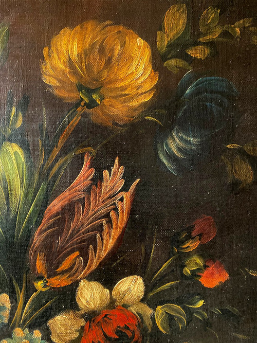 Holländische Schule aus dem 19. Jahrhundert, Öl auf Leinwand. "Blumenstrauß auf einem Gebälk".