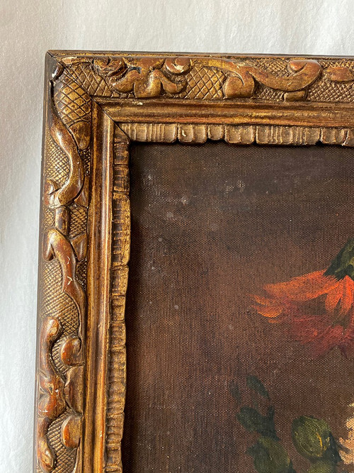 Holländische Schule aus dem 19. Jahrhundert, Öl auf Leinwand. "Blumenstrauß auf einem Gebälk".