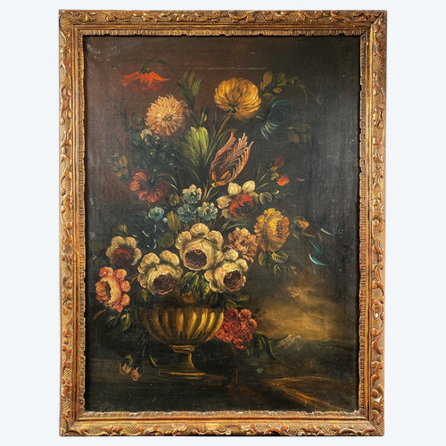 Holländische Schule aus dem 19. Jahrhundert, Öl auf Leinwand. "Blumenstrauß auf einem Gebälk".